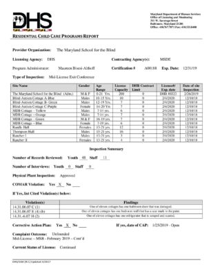 The Maryland School For The Blind — Mid-License Inspection Report (February 2019)