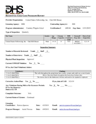 United States Fellowship Oak Hill House — Quarterly Inspection Report (March 2019)