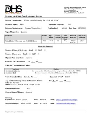 United States Fellowship – Oak Hill House — Quarterly Inspection Report (June 2019)