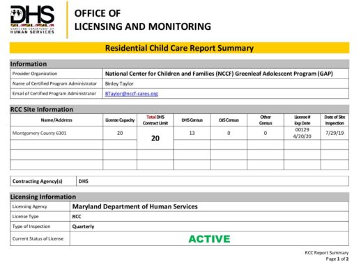 National Center For Children And Families — Quarterly Inspection Report (July 2019)