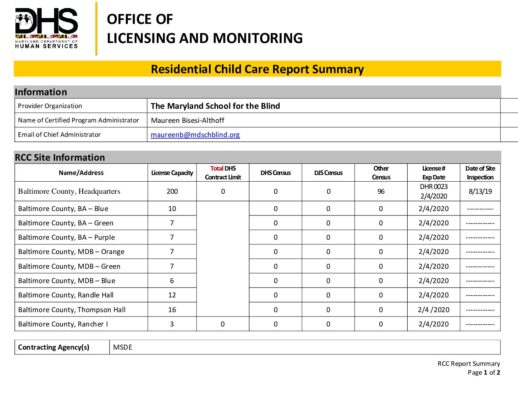 The Maryland School For The Blind — RCC Quarterly Report (August 2019)