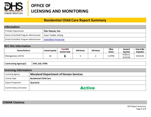 Our House, Inc. — Quarterly Licensing Inspection Report (September 2019)