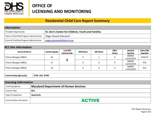 St. Ann’s Center For Children, Youth And Families — RCC Report Summary (September 2019)