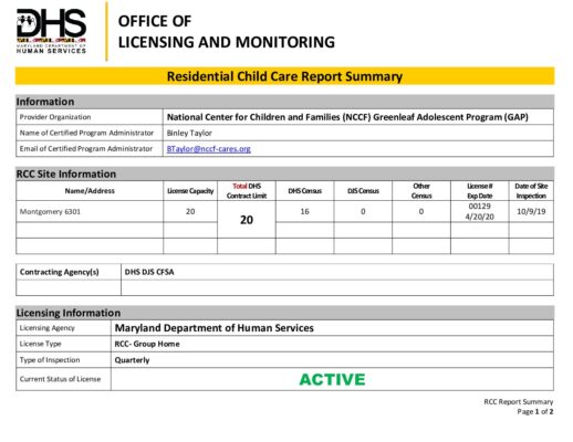 Greenleaf Adolescent Program — RCC Inspection Summary (October 2019)