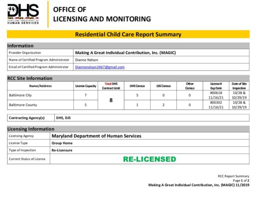 Making A Great Individual Contribution, Inc. — Re‑Licensure Report (Nov 2019)