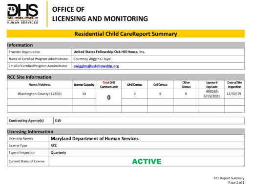 United States Fellowship — Quarterly Residential Child Care Report (December 2019)