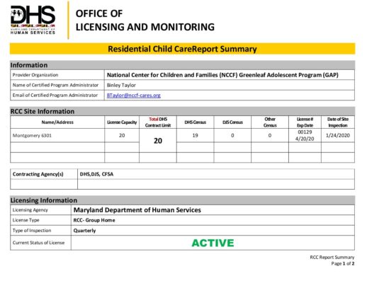 National Center For Children And Families (Greenleaf Adolescent Program) — Quarterly Inspection Report (January 2020)