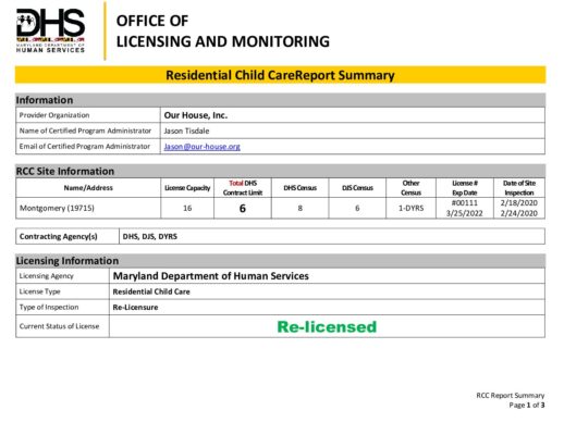 Our House — State Re-Licensure Inspection Report (March 2020)
