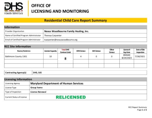 Nexus Woodbourne Family Healing — License Renewal Report (July 2021)