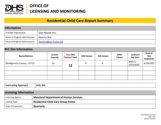 Our House, Inc. — Quarterly Licensing Inspection Report (June 2022)