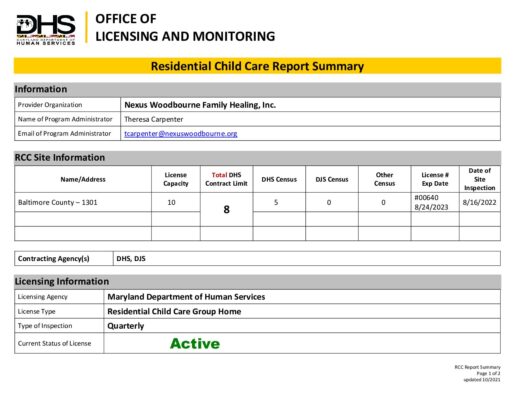 Nexus Woodbourne Family Healing — Quarterly Inspection Report (August 2022)