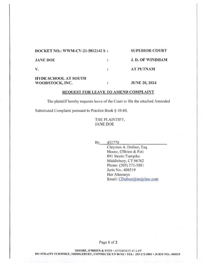 Doe V Hyde Woodstock Amended Complaint 2024