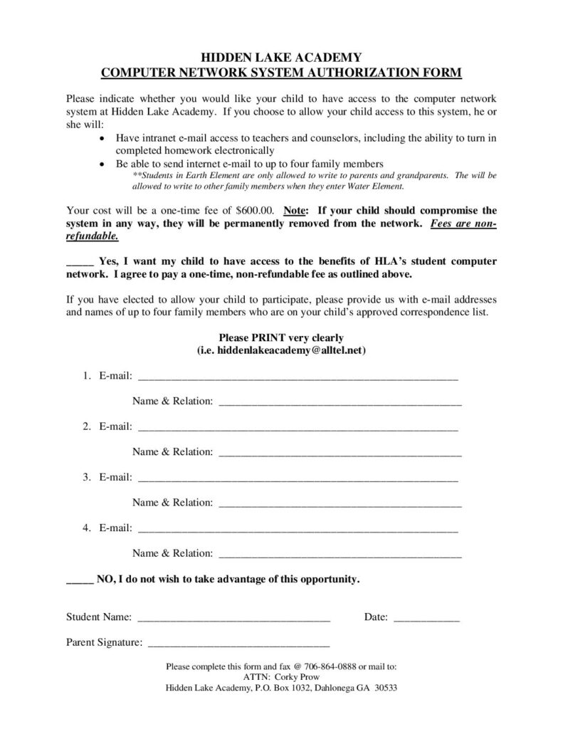 Computer Authorization Hidden Lake Academy
