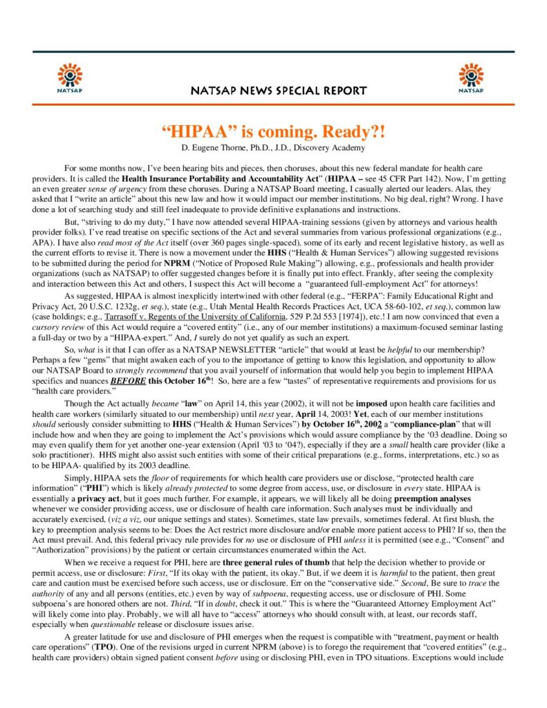 NATSAP HIPAA Special Report Eugene Thorne