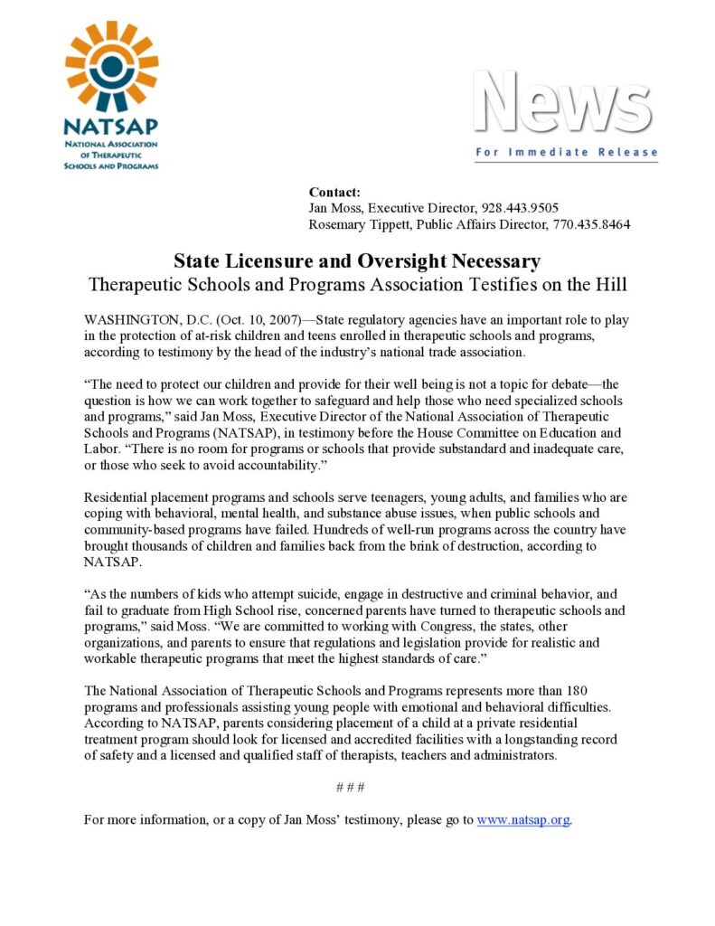 NATSAP Press Release 10/09/2007