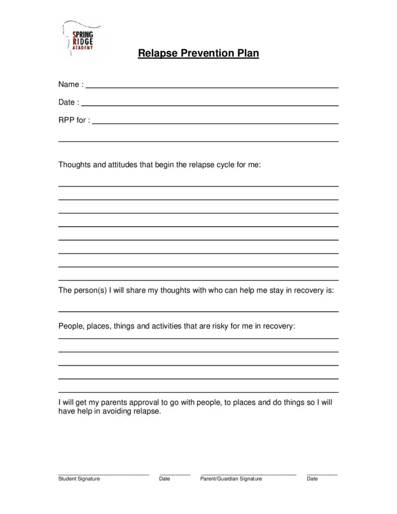 Spring Ridge Academy Relapse Prevention Plan Template