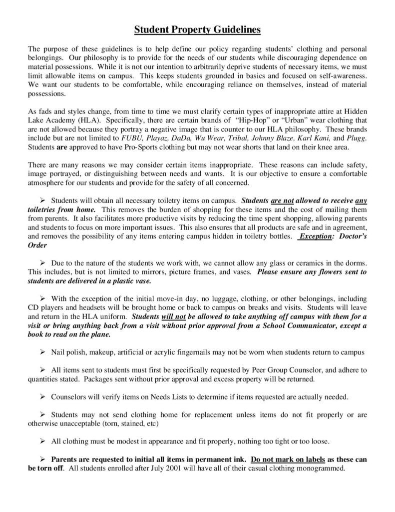 Student Property Guidelines Hidden Lake Academy
