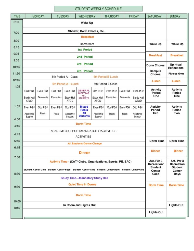 Studentschedule Hidden Lake Academy