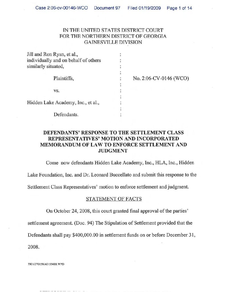 Hidden Lake Academy Defendants' Response 01/19/2009