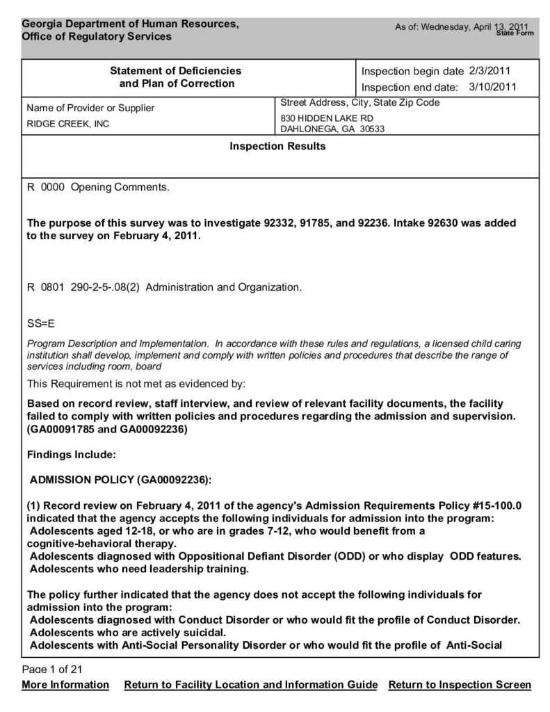 Hidden Lake Academy/Ridge Creek School Violations 02/03/2011