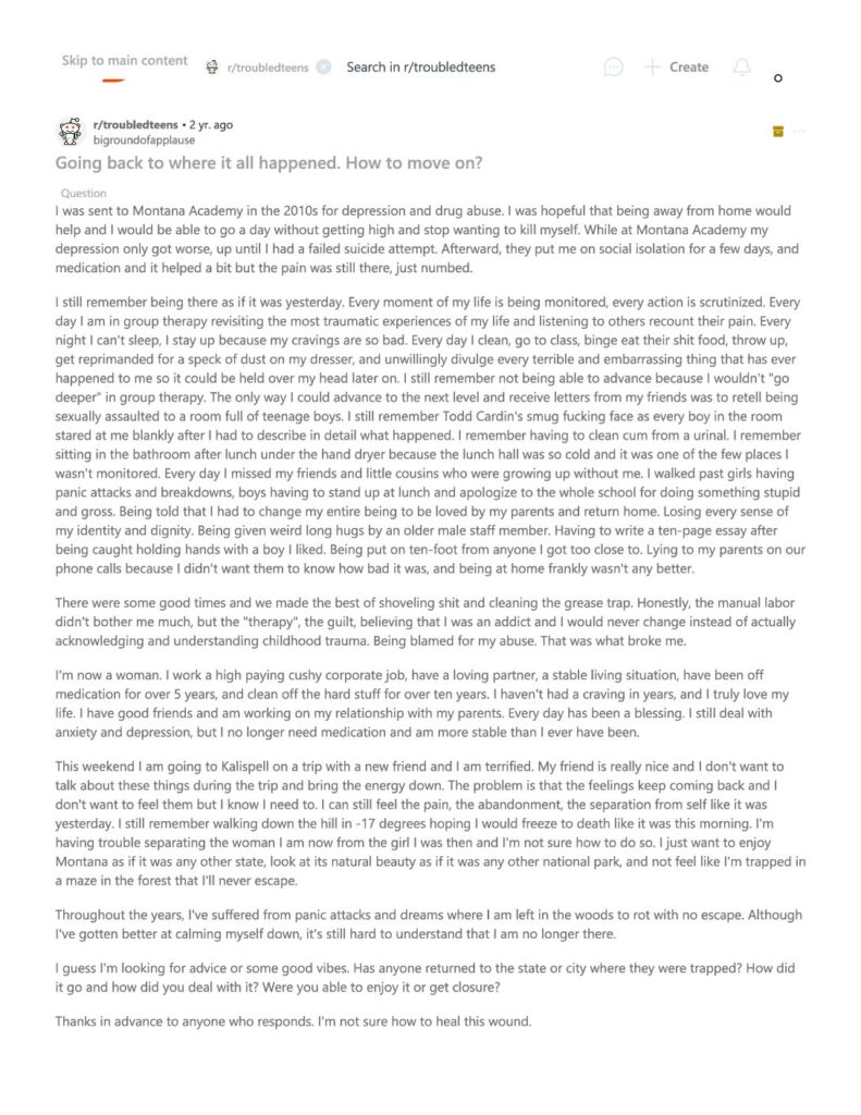 Montana Academy Survivor Story Posted In R/Troubledteens