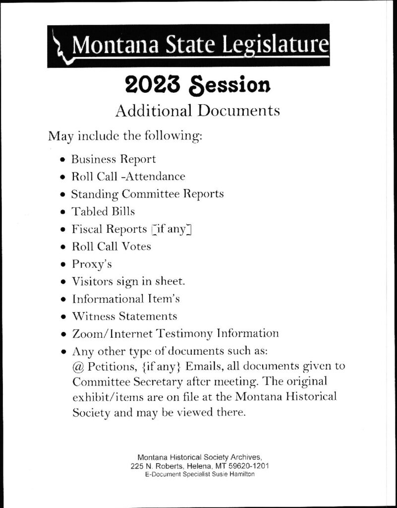 Montana State Legislature 2023 Session Additional Documents