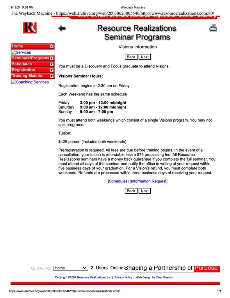 Rr Website Visions Schedule