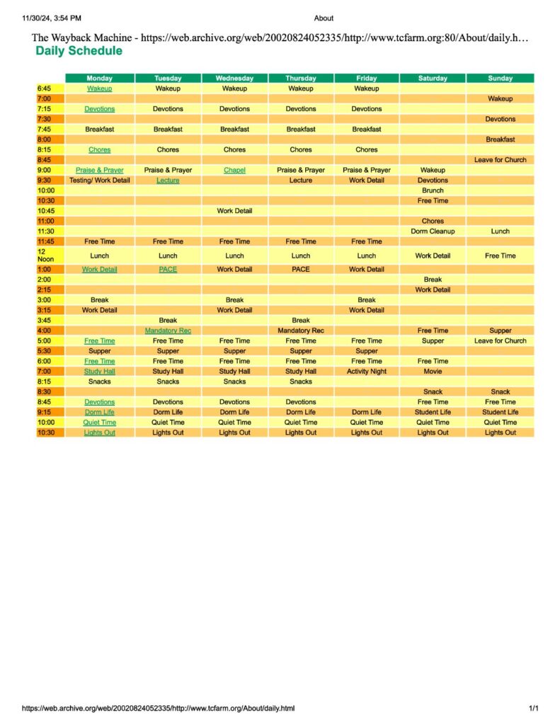 Teen Challenge Daily Schedule 2002