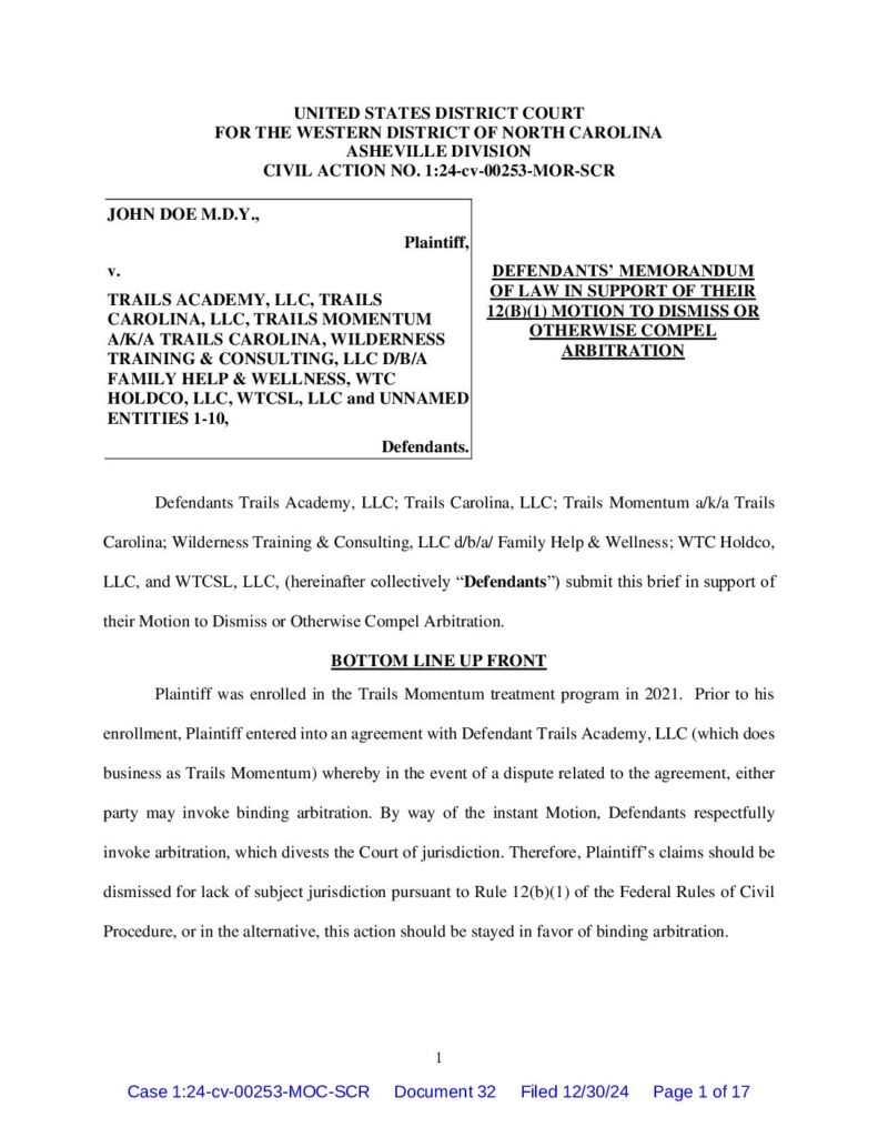 Doe V Trails Doc. 32 Defendants Ask For Arbitration