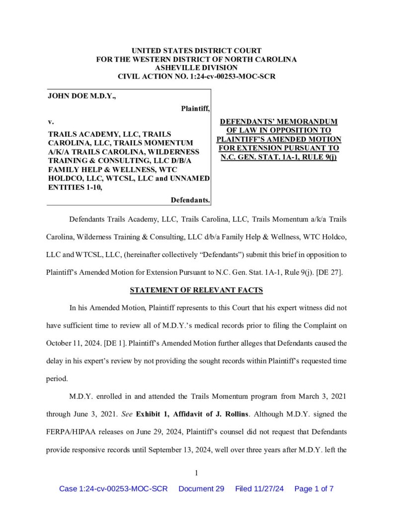 Doe V Trails Doc. 29 Defendants Opposition To Extension