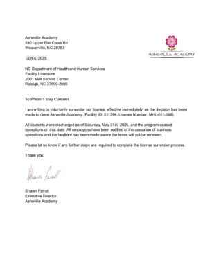 Asheville Academy Voluntarily Surrender License