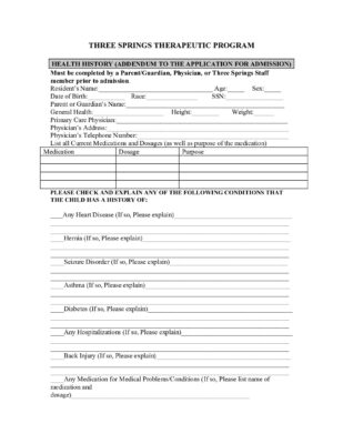 Three Springs Duck River Health History Form