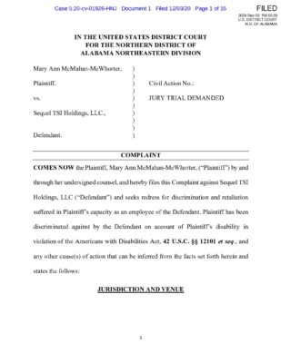 Mcwhorter V Sequel TSI Holdings Complaint 2020