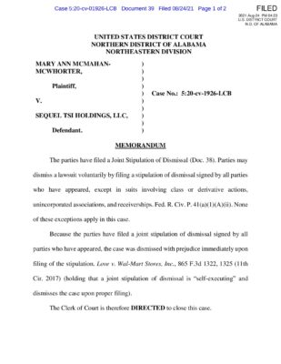 Mcwhorter V Sequel TSI Holdings Memorandum 2021