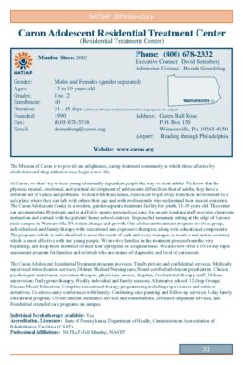 Caron Adolescent Residential Treatment Center 2009 NATSAP Profile