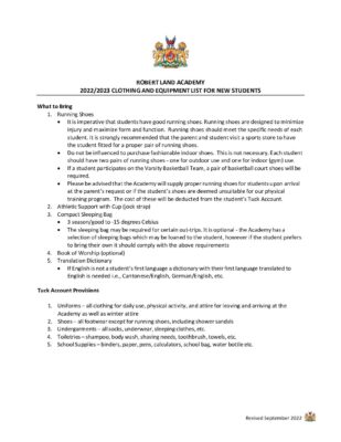 Robert Land Academy — Clothing And Equipment List (September 2022)