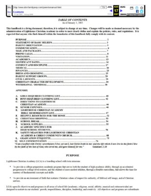 Lighthouse Christian Academy Parents Manual 2005