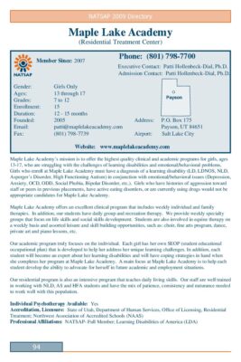 Maple Lake Academy 2009 NATSAP Profile