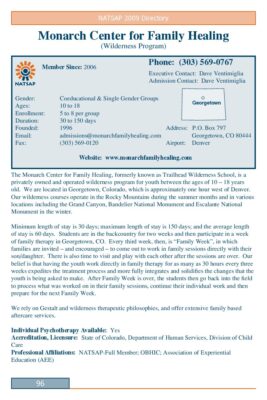 Monarch Center For Family Healing 2009 NATSAP Profile