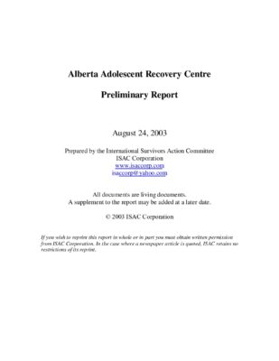 Alberta Adolescent Recovery Centre — Preliminary Report (August 2003)