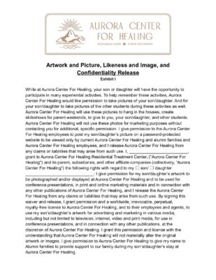 Aurora Center For Healing — Artwork, Likeness, And Confidentiality Release (Exhibit I)