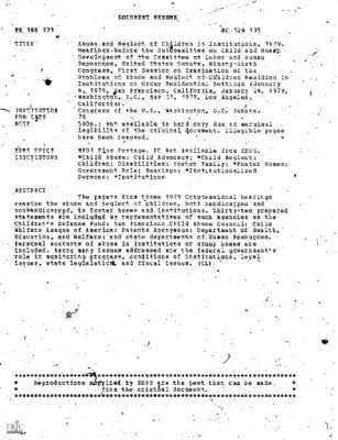 U.s. Senate — Congressional Hearing On Abuse And Neglect Of Children (1979)