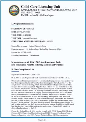 Nashua Children's Home — Corrective Action Plan (January 2025)