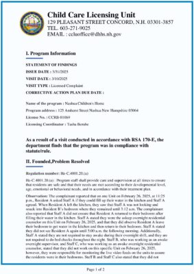 Nashua Children's Home — State Statement Of Findings (March 2025)