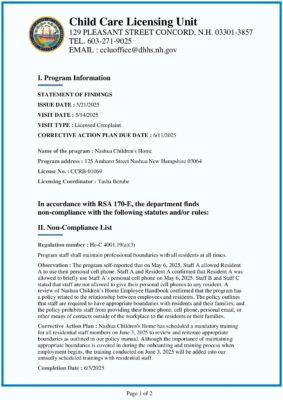 Nashua Children's Home — Corrective Action Plan (May 2025)