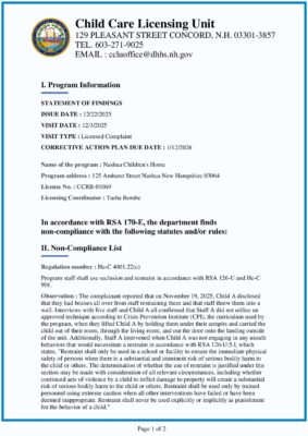 Nashua Children's Home — Corrective Action Plan (December 2025)