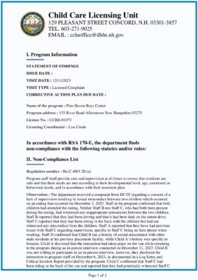Pine Haven Boys Center — Child Care Licensing Unit Statement Of Findings (December 2023)