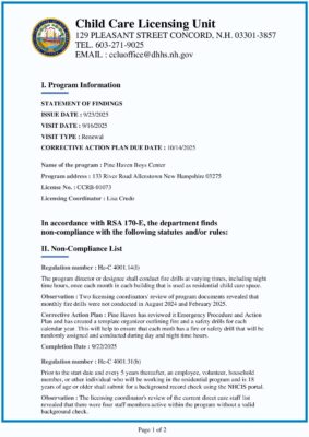 Pine Haven Boys Center — Statement Of Findings (September 2025)