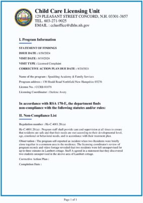 Spaulding Academy & Family Services — State Inspection Report (August 2024)