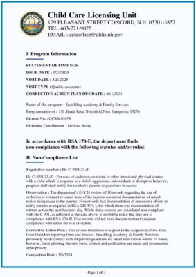 Spaulding Academy & Family Services — Quality Assurance Statement Of Findings (March 2025)